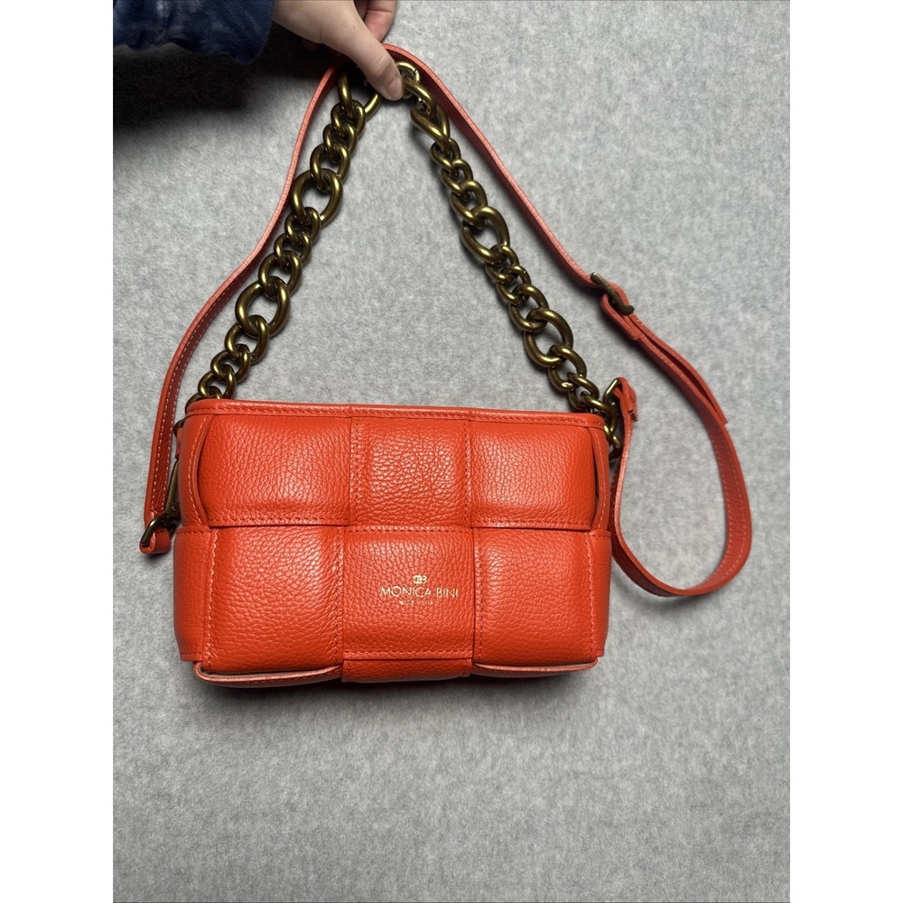 Monica Bini Made in Italy Leather Quilted Gold Chain Orange Crossbody Handbag